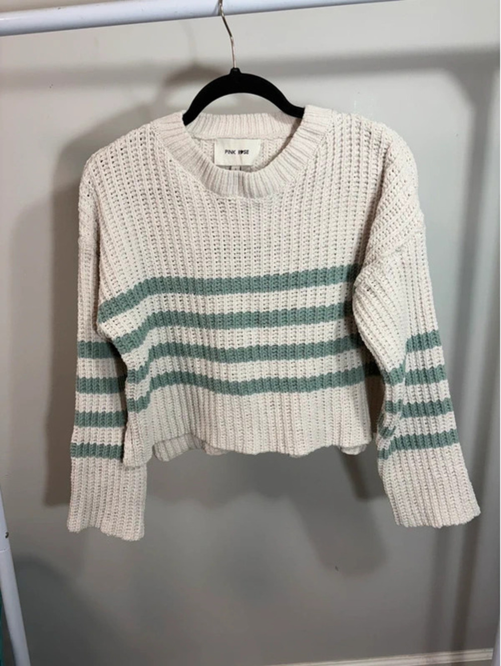 Chunky knit cream and green sweater - S